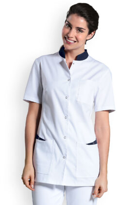 Naisten työtakki, valkoinen-tummansininen