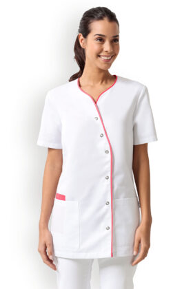 Naisten työtakki, v-kaulus, valkoinen-neonpinkki
