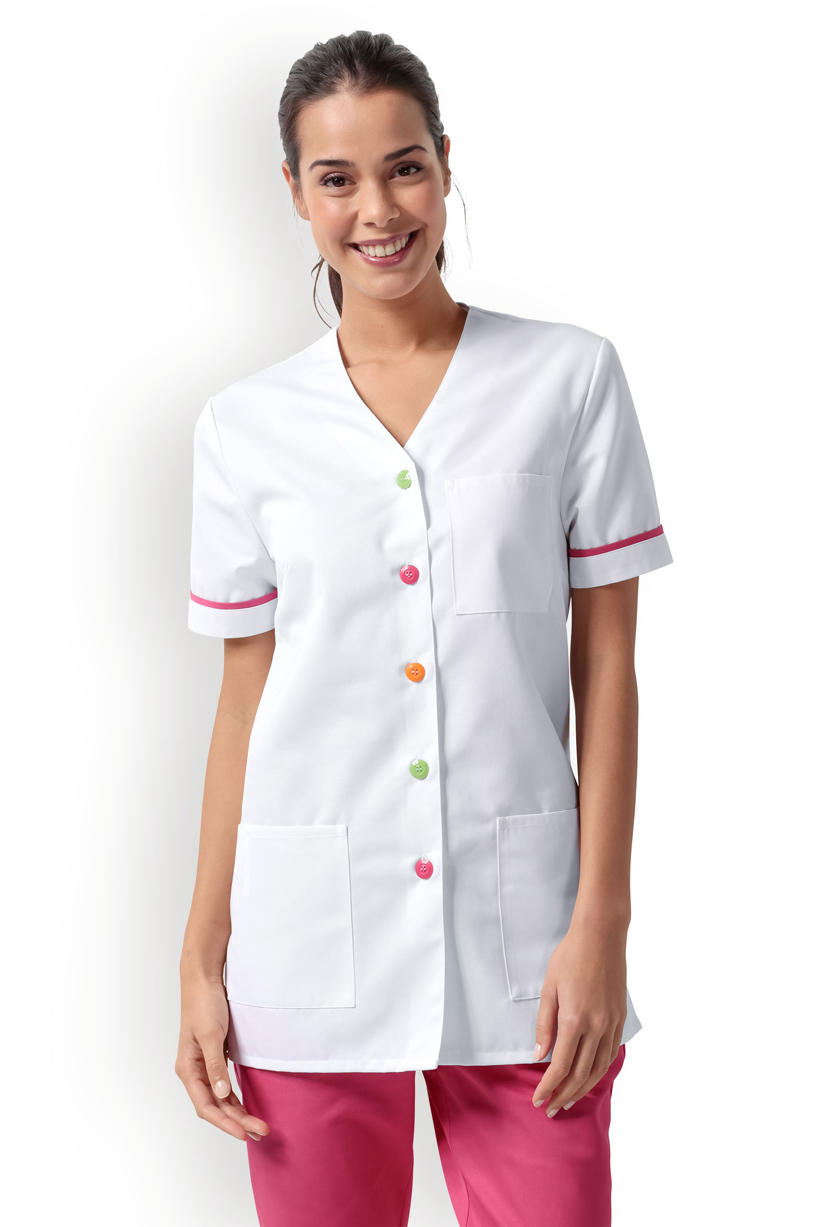 Naisten työtakki, pinkki, värilliset napit