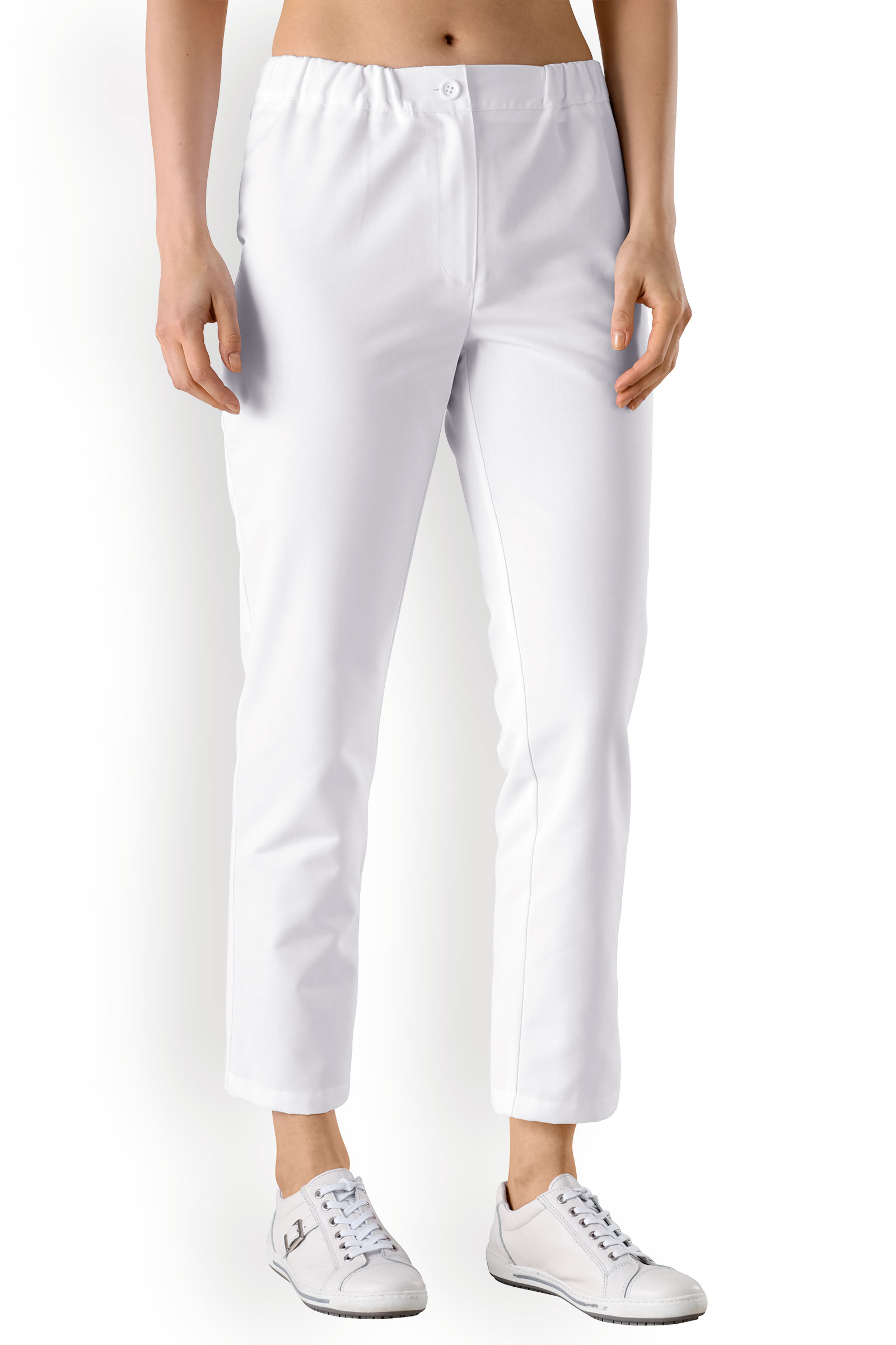 Naisten työhousut, 7/8-pituus, valkoiset, osittainen vyötärönauha