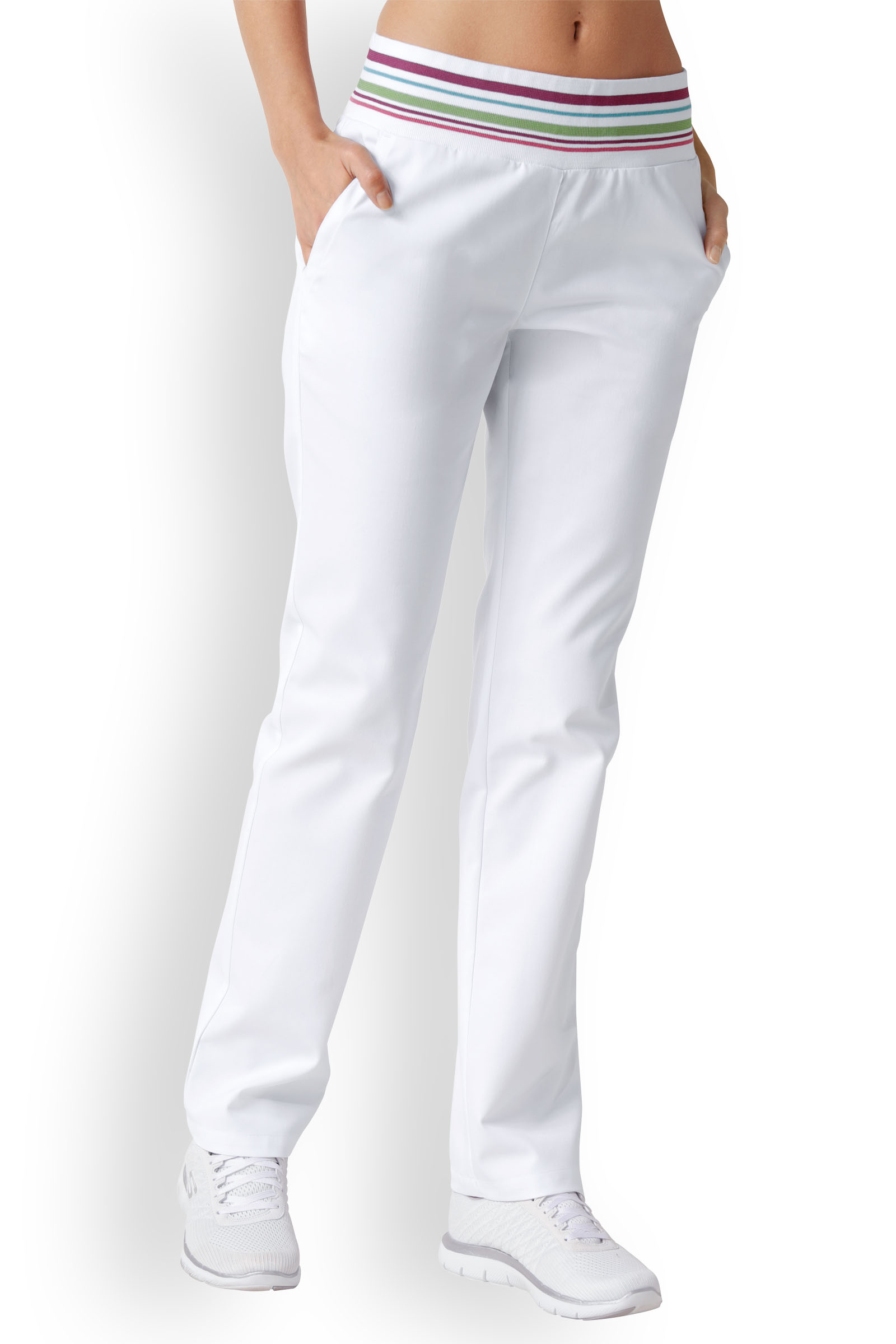 Naisten työhousut, valkoinen, värillinen elastinen vyätärönauha