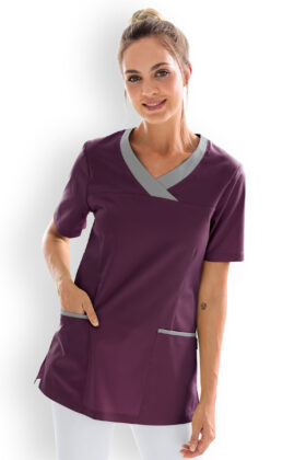 Naisten työtakki, luumu, harmaa tasku- ja pääntiekaitale