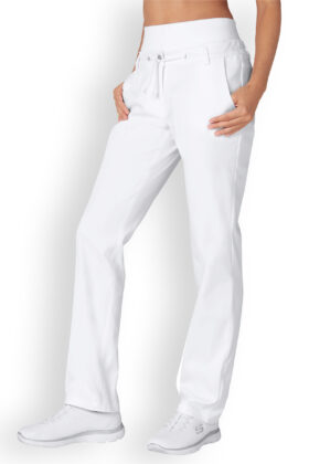 Naisten työhousut, elastinen vyötärönauha, valkoiset