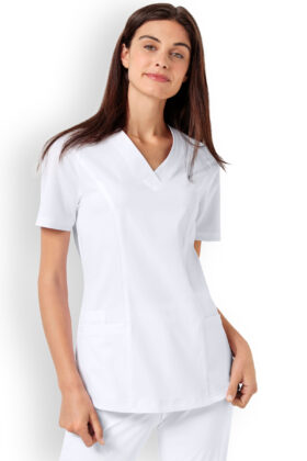 Naisten työtakki, valkoinen, kapeampi vyötärö