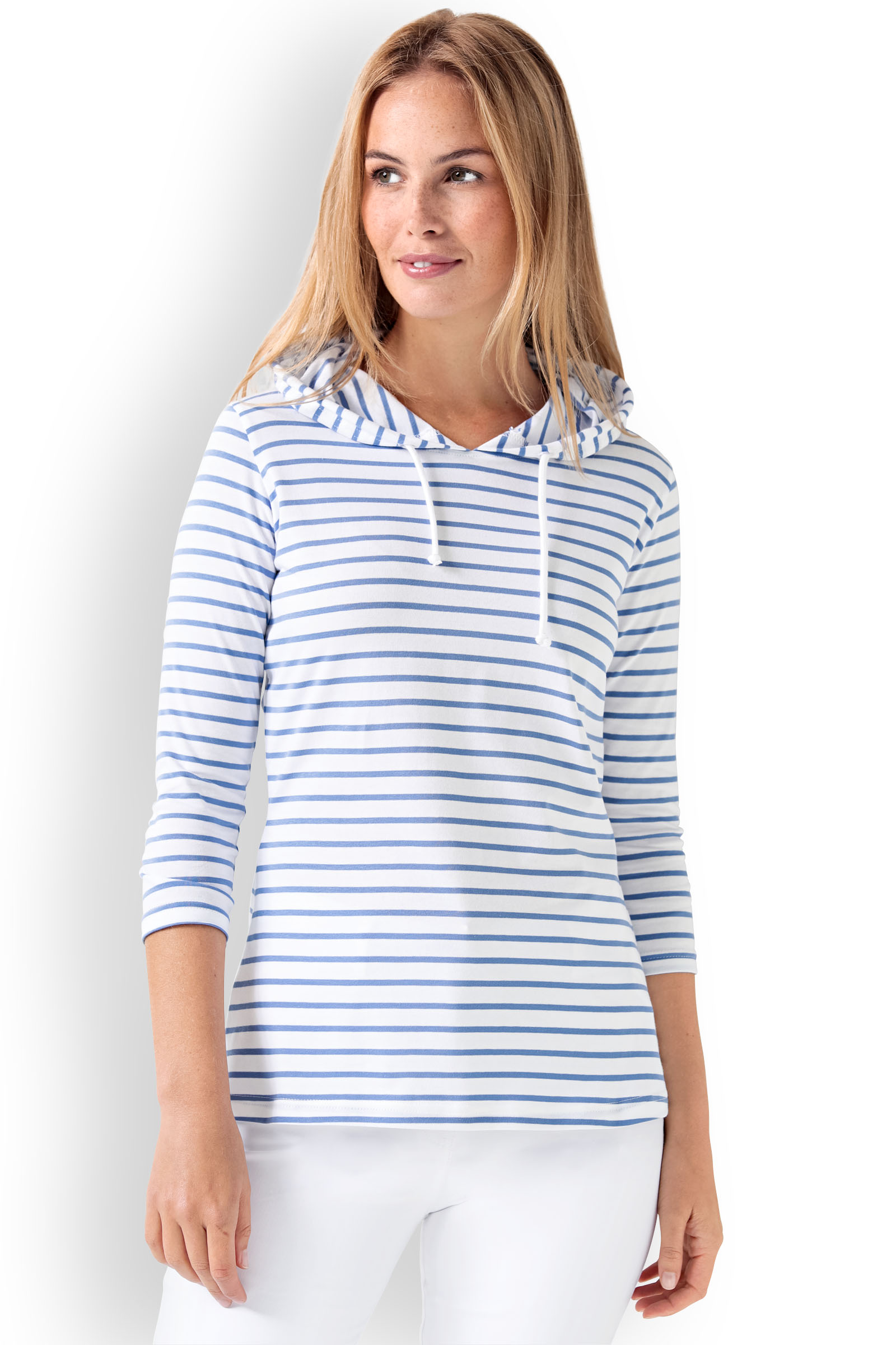 Naisten paita, valkoinen-sininen, hupulla