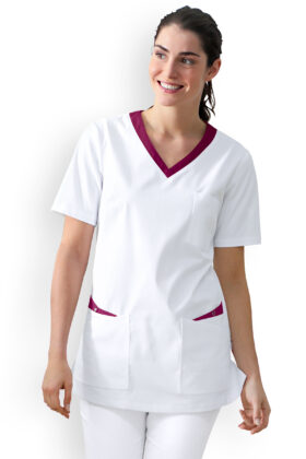 Naisten työtakki, valkoinen- marjanpunainen
