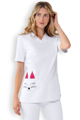 Naisten työtakki, valkoinen, brodeerattu kissan kuvio