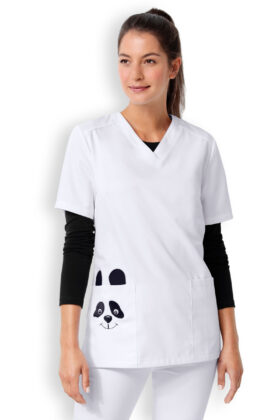 Naisten työtakki, valkoinen, brodeerattu panda kuvio