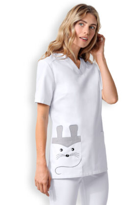 Naisten työtakki, valkoinen, brodeerattu hiiren kuvio
